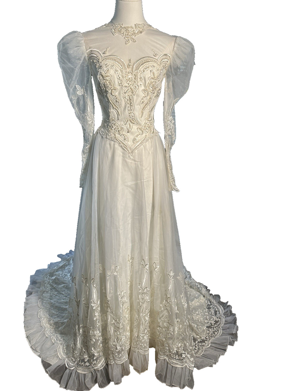 Vintage 1980s Wedding Dress Beaded Lace Puff Sleeves Cathedral Train Gown